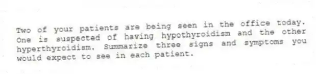 Two of your patients are being seen in the office today. One is suspected of having hypothyroidism and the other hyperthyroidism. Summarize three signs and symptoms you would expect to see in each patient.
