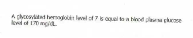 A glycosylated hemoglobin level of 7 is equal to a blood plasma glucose level of 170 mg/dL.