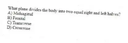 What plane divides the body into two equal right and left halves?
A) Midsagittal
B) Frontal
C) Transverse
D) Crosswise