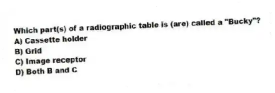 Which part(s) of a radiographic table is (are) called a "Bucky"?
A) Cassette holder
B) Grid
C) Image receptor
D) Both B and C