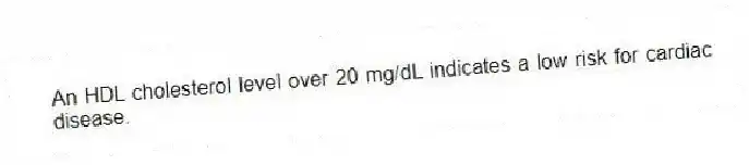 An HDL cholesterol level over 20 mg/dL indicates a low risk for cardiac disease.