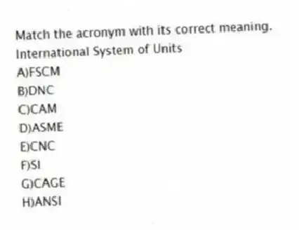 Match the acronym with its correct meaning.
-International System of Units
A)FSCM
B)DNC
C)CAM
D)ASME
E)CNC
F)SI
G)CAGE
H)ANSI