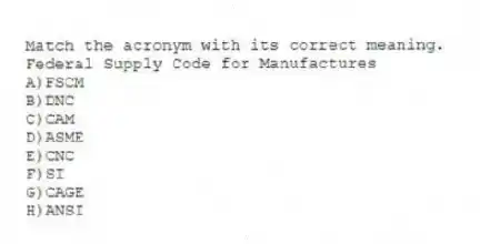 Match the acronym with its correct meaning.
-Federal Supply Code for Manufactures
A)FSCM
B)DNC
C)CAM
D)ASME
E)CNC
F)SI
G)CAGE
H)ANSI