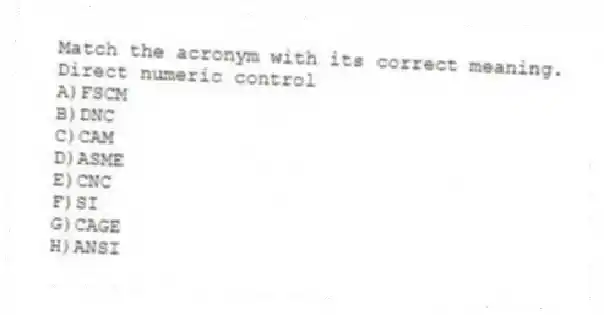 Match the acronym with its correct meaning.
-Direct numeric control
A)FSCM
B)DNC
C)CAM
D)ASME
E)CNC
F)SI
G)CAGE
H)ANSI