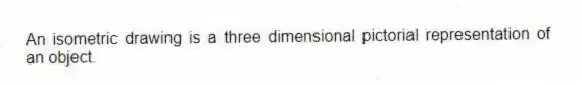 An isometric drawing is a three dimensional pictorial representation of an object.