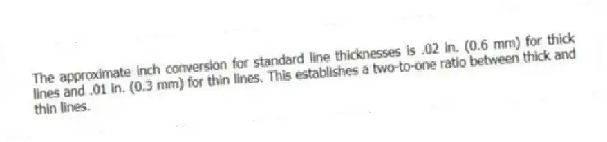 The approximate inch conversion for standard line thicknesses is .02 in. (0.6 mm) for thick lines and .01 in. (0.3 mm) for thin lines. This establishes a two-to-one ratio between thick and thin lines.