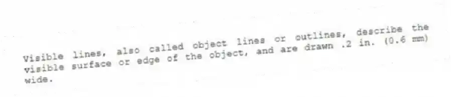 Visible lines, also called object lines or outlines, describe the visible surface or edge of the object, and are drawn .2 in. (0.6 mm) wide.