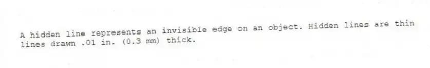 A hidden line represents an invisible edge on an object. Hidden lines are thin lines drawn .01 in. (0.3 mm) thick.