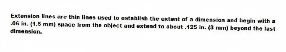 Extension lines are thin lines used to establish the extent of a dimension and begin with a .06 in. (1.5 mm) space from the object and extend to about .125 in. (3 mm) beyond the last dimension.