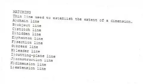 MATCHING
-Thin line used to establish the extent of a dimension.
A)chain line
B)object line
C)stitch line
D)hidden line
E)phantom line
F)section line
G)break line
H)leader line
I)cutting-plane line
J)construction line
K)dimension line
L)extension line