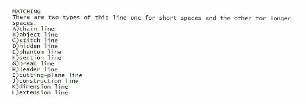 MATCHING
-There are two types of this line one for short spaces and the other for longer spaces.
A)chain line
B)object line
C)stitch line
D)hidden line
E)phantom line
F)section line
G)break line
H)leader line
I)cutting-plane line
J)construction line
K)dimension line
L)extension line