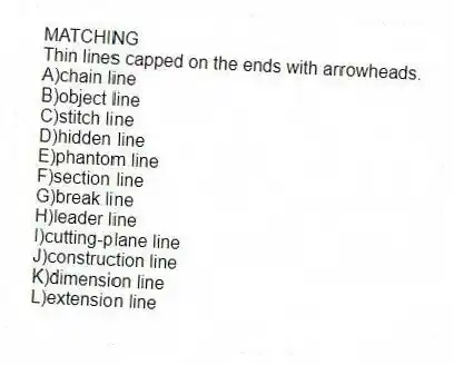MATCHING
-Thin lines capped on the ends with arrowheads.
A)chain line
B)object line
C)stitch line
D)hidden line
E)phantom line
F)section line
G)break line
H)leader line
I)cutting-plane line
J)construction line
K)dimension line
L)extension line