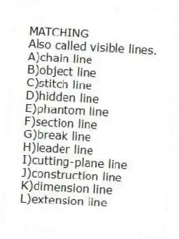 MATCHING
-Also called visible lines.
A)chain line
B)object line
C)stitch line
D)hidden line
E)phantom line
F)section line
G)break line
H)leader line
I)cutting-plane line
J)construction line
K)dimension line
L)extension line
