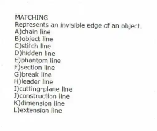 MATCHING
-Represents an invisible edge of an object.
A)chain line
B)object line
C)stitch line
D)hidden line
E)phantom line
F)section line
G)break line
H)leader line
I)cutting-plane line
J)construction line
K)dimension line
L)extension line