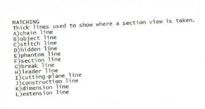 MATCHING
-Thick lines used to show where a section view is taken.
A)chain line
B)object line
C)stitch line
D)hidden line
E)phantom line
F)section line
G)break line
H)leader line
I)cutting-plane line
J)construction line
K)dimension line
L)extension line