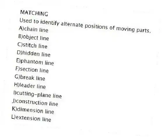 MATCHING
-Used to identify alternate positions of moving parts.
A)chain line
B)object line
C)stitch line
D)hidden line
E)phantom line
F)section line
G)break line
H)leader line
I)cutting-plane line
J)construction line
K)dimension line
L)extension line