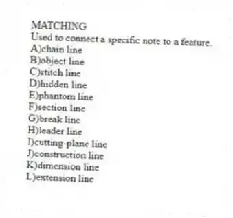 MATCHING
-Used to connect a specific note to a feature.
A)chain line
B)object line
C)stitch line
D)hidden line
E)phantom line
F)section line
G)break line
H)leader line
I)cutting-plane line
J)construction line
K)dimension line
L)extension line
