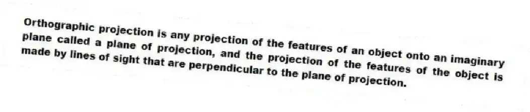 Orthographic projection is any projection of the features of an object onto an imaginary plane called a plane of projection, and the projection of the features of the object is made by lines of sight that are perpendicular to the plane of projection.