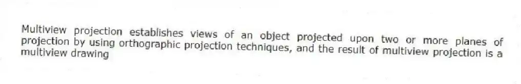 Multiview projection establishes views of an object projected upon two or more planes of projection by using orthographic projection techniques, and the result of multiview projection is a multiview drawing