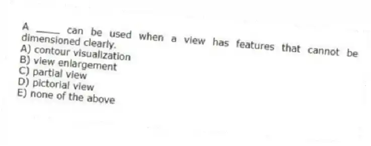 A ____ can be used when a view has features that cannot be dimensioned clearly.
A) contour visualization
B) view enlargement
C) partial view
D) pictorial view
E) none of the above
