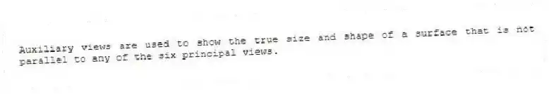 Auxiliary views are used to show the true size and shape of a surface that is not parallel to any of the six principal views.