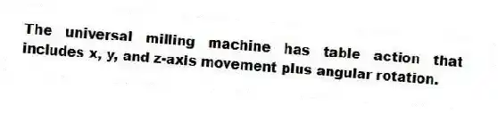 The universal milling machine has table action that includes x, y, and z-axis movement plus angular rotation.
