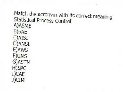 Match the acronym with its correct meaning
-Statistical Process Control
A)ASME
B)SAE
C)AISI
D)ANSI
E)AWS
F)UNS
G)ASTM
H)SPC
I)CAE
J)CIM