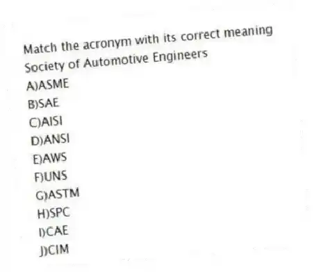 Match the acronym with its correct meaning
-Society of Automotive Engineers
A)ASME
B)SAE
C)AISI
D)ANSI
E)AWS
F)UNS
G)ASTM
H)SPC
I)CAE
J)CIM