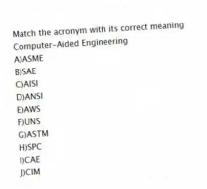 Match the acronym with its correct meaning
-Computer-Aided Engineering
A)ASME
B)SAE
C)AISI
D)ANSI
E)AWS
F)UNS
G)ASTM
H)SPC
I)CAE
J)CIM