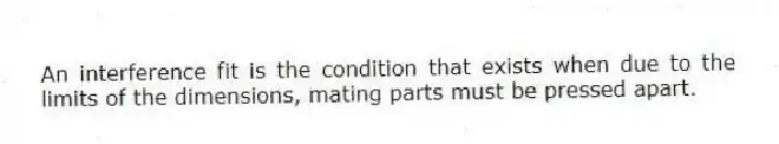 An interference fit is the condition that exists when due to the limits of the dimensions, mating parts must be pressed apart.
