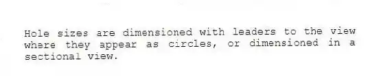 Hole sizes are dimensioned with leaders to the view where they appear as circles, or dimensioned in a sectional view.