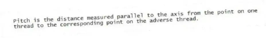Pitch is the distance measured parallel to the axis from the point on one thread to the corresponding point on the adverse thread.