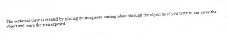 The sectional view is created by placing an imaginary cutting plane through the object as if you were to cut away the object and leave the area exposed.