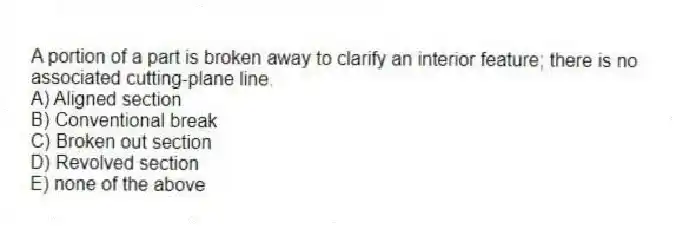 A portion of a part is broken away to clarify an interior feature; there is no associated cutting-plane line.
A) Aligned section
B) Conventional break
C) Broken out section
D) Revolved section
E) none of the above