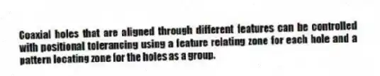 Coaxial holes that are aligned through different features can be controlled with positional tolerancing using a feature relating zone for each hole and a pattern locating zone for the holes as a group.