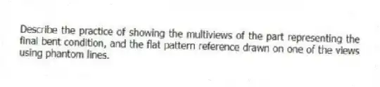 Describe the practice of showing the multiviews of the part representing the final bent condition, and the flat pattern reference drawn on one of the views using phantom lines.