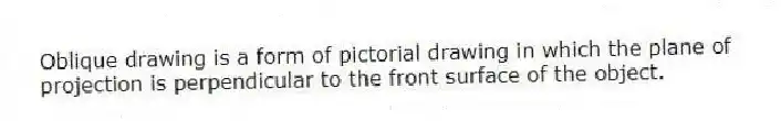 Oblique drawing is a form of pictorial drawing in which the plane of projection is perpendicular to the front surface of the object.