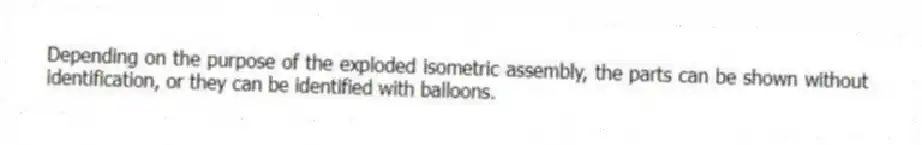 Depending on the purpose of the exploded isometric assembly, the parts can be shown without identification, or they can be identified with balloons.