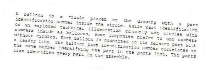 A balloon is a circle placed on the drawing with a part identification number inside the circle. While part identification on an exploded technical illustration commonly use circles with numbers inside as balloons, some companies prefer to use numbers without circles. Each balloon is connected to its related part with a leader line. The balloon part identification number correlates to the same number identifying the part in the parts list. The parts list identifies every part in the assembly.
