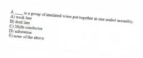 A ____ is a group of insulated wires put together in one sealed assembly.
A) truck line
B) feed line
C) Multi-conductor
D) substation
E) none of the above