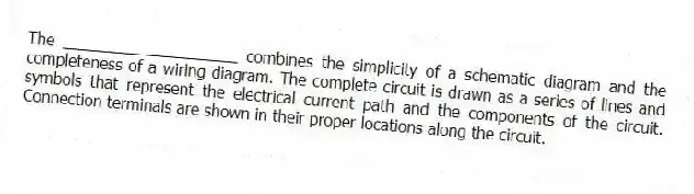 The ____________________ combines the simplicity of a schematic diagram and the completeness of a wiring diagram. The complete circuit is drawn as a series of lines and symbols that represent the electrical current path and the components of the circuit. Connection terminals are shown in their proper locations along the circuit.