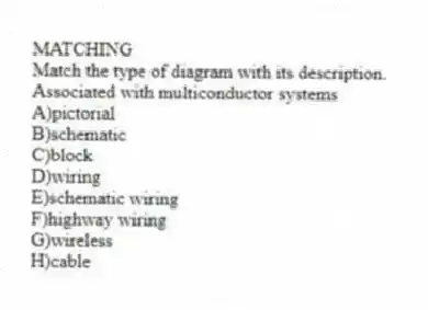 MATCHING
Match the type of diagram with its description.
-Associated with multiconductor systems
A)pictorial
B)schematic
C)block
D)wiring
E)schematic wiring
F)highway wiring
G)wireless
H)cable