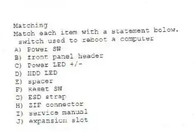 Matching
Match each item with a statement below.
- switch used to reboot a computer
A) Power SW
B) front panel header
C) Power LED +/-
D) HDD LED
E) spacer
F) Reset SW
G) ESD strap
H) ZIF connector
I) service manual
J) expansion slot