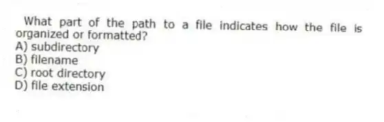 What part of the path to a file indicates how the file is organized or formatted?
A) subdirectory
B) filename
C) root directory
D) file extension