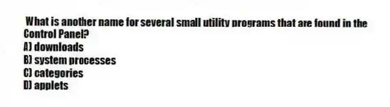 What is another name for several small utility programs that are found in the Control Panel?
A) downloads
B) system processes
C) categories
D) applets