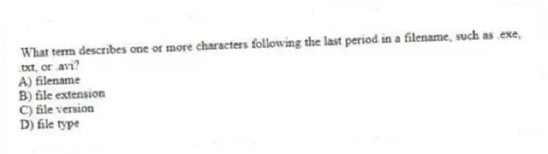 What term describes one or more characters following the last period in a filename, such as .exe, .txt, or .avi?
A) filename
B) file extension
C) file version
D) file type