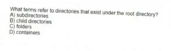 What terms refer to directories that exist under the root directory?
A) subdirectories
B) child directories
C) folders
D) containers
