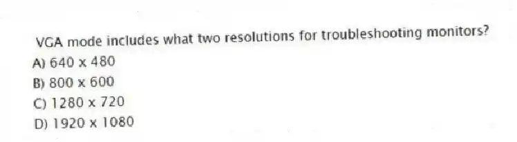 VGA mode includes what two resolutions for troubleshooting monitors?
A) 640 x 480
B) 800 x 600
C) 1280 x 720
D) 1920 x 1080