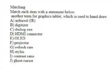 Matching
Match each item with a statement below.
- another term for graphics tablet, which is used to hand draw
A) infrared (IR)
B) digitizer
C) dxdiag.exe
D) HDMI connector
E) OLED
F) projector
G) refresh rate
H) stylus
I) contrast ratio
J) ghost cursor