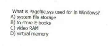 What is Pagefile.sys used for in Windows?
A) system file storage
B) to store E-books
C) video RAM
D) virtual memory